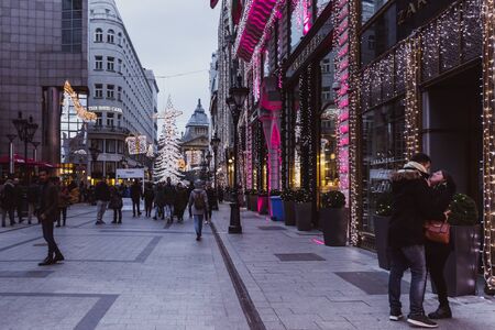 BUDAPEST, HUNGARY - January 01, 2018: The Fashion street with Christmas decorations in Budapest, Hungary.のeditorial素材
