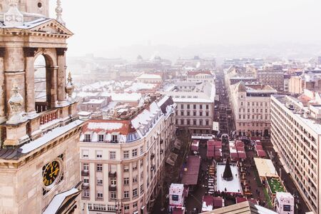 BUDAPEST, HUNGARY - DECEMBER 19, 2018: Beautiful Christmas Market at St. Stephens Square in front of the St. Stephens Basilica. Aerial Viewのeditorial素材