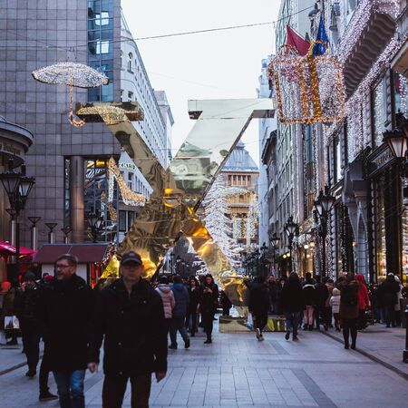 BUDAPEST, HUNGARY - December 28, 2018: The Fashion street with Christmas decorations in Budapest, Hungary.のeditorial素材