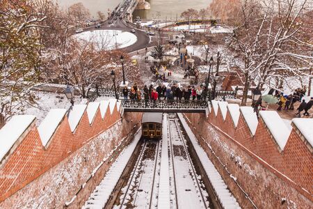 BUDAPEST, HUNGARY - 16 DECEMBER, 2018: The Budapest Castle Hill Funicular in winter in Budapest, Hungaryのeditorial素材