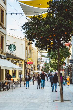 NICOSIA, CYPRUS - FEBRUARY 20, 2017: People is moving through Ledra street - the main shopping avenue of Nicosia, Cyprusのeditorial素材
