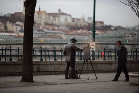 BUDAPEST, HUNGARY - JANUARY 2018: People walking on the promenade in Budapest, Hungary on January 18, 2018. Budapest is the capital and the largest city of Hungaryのeditorial素材