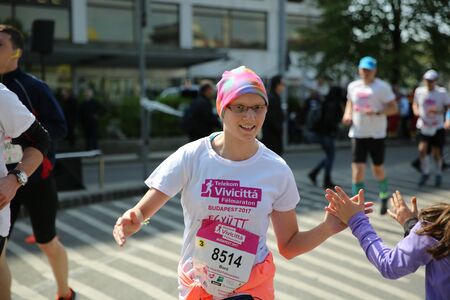 BUDAPEST, HUNGARY - APRIL 9 2017: Unidentified marathon runners participate on 32nd Telekom Vivicitta Spring Half Budapest International Marathon.のeditorial素材