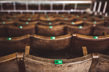 Rows of wooden grandstand empty seats of sport center Gerevich Aladar Nemzeti in Budapestの写真素材