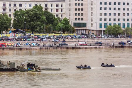BUDAPEST, HUNGARY - MAY 30, 2019: Rescue operation on the Danube River near the Margit bridge after the tragedy of May 29 in Budapest, Hungary. Two ships collided on the river.のeditorial素材