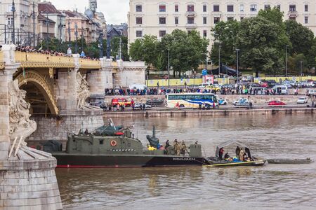 BUDAPEST, HUNGARY - MAY 30, 2019: Rescue operation on the Danube River near the Margit bridge after the tragedy of May 29 in Budapest, Hungary. Two ships collided on the river.のeditorial素材