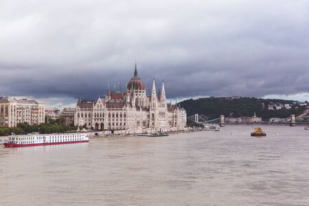 BUDAPEST, HUNGARY - MAY 30, 2019: Rescue operation on the Danube River near the Margit bridge after the tragedy of May 29 in Budapest, Hungary. Two ships collided on the river.のeditorial素材