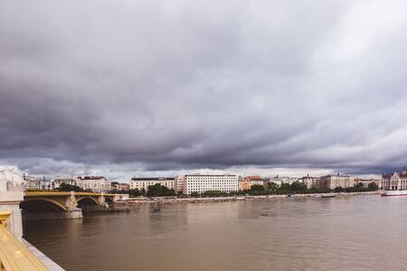 BUDAPEST, HUNGARY - MAY 30, 2019: Rescue operation on the Danube River near the Margit bridge after the tragedy of May 29 in Budapest, Hungary. Two ships collided on the river.のeditorial素材