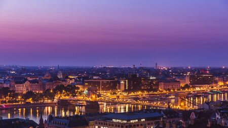 Panoramic cityscape of Chain Bridge on the Danube river. Colorful sunrise in Budapest, Hungary