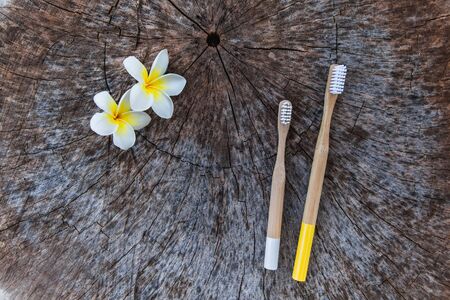 Two white and yellow eco friendly bamboo wooden toothbrushes on wooden background with white yellow flower Plumeria. Copy space, flat lay.の写真素材