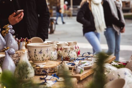 BUDAPEST, HUNGARY - NOVEMBER 08, 2019: Kiosk with ceramic products made in Hungary in the beautiful Christmas Market at Vorosmarty squareのeditorial素材