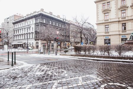 Budapest, Hungary - February 2019: Center street of the Budapest in winter with snowのeditorial素材