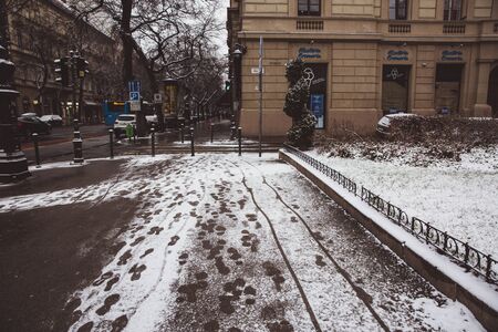 Budapest, Hungary - February 2019: Center street of the Budapest in winter with snowのeditorial素材