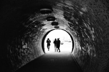 Black and White photo of view to tunnel under the Chain Bridge in Budapestの写真素材