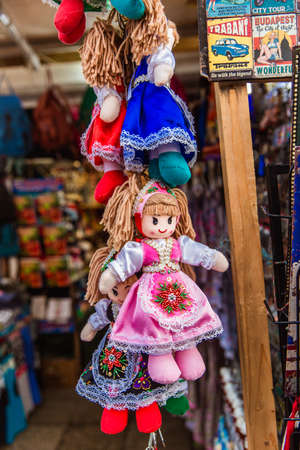 BUDAPEST, HUNGARY - March 15, 2019: Traditional magyar dolls puppets in folk costume traditional Hungarian clothing in Market in Buda Castel, Budapestのeditorial素材