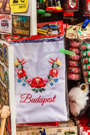 BUDAPEST, HUNGARY - March 15, 2019: Souvenirs textiles with embroidery on the Budapest market in Buda Castel in Budapestのeditorial素材
