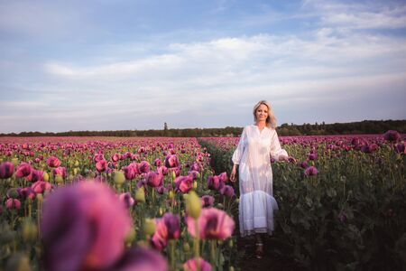 Beautifull happy woman with long hair in white dress lonely walking in the Lilac Poppy Flowers fieldの写真素材