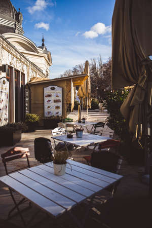 BUDAPEST - January 2019, Outdoor terrace cafe Toterasz in the City Park, a public park in Budapest, Hungaryのeditorial素材