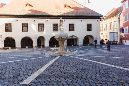 Sopron, Hungary - October 2018: The main square paved with paving stones in the old town in Sopron, Hungaryのeditorial素材