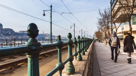 BUDAPEST, HUNGARY - January 27, 2019: Tramlines in Budapest at winter near the embankment on the Pest side in Budapest. Line 2 Tram in Budapest along the waterfront during the day.のeditorial素材