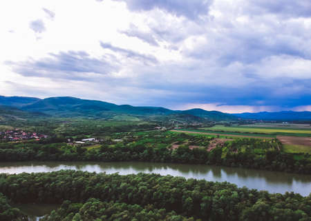 The Danube bend aerial drone view near Visegrad castle in Hungary, Europeの写真素材