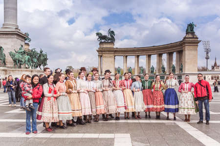 BUDAPEST, HUNGARY, 06 APRIL 2019 Spring celebration parade through the Budapest streets. Folk Dancers in national costumes in the Heroes Squareのeditorial素材