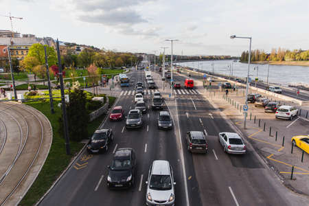 Budapest, Hungary. April 2018: Top view of the road from the Margaret Bridge in Budapestのeditorial素材