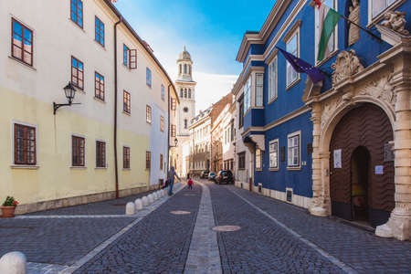 Sopron, Hungary - October 2018: Narrow street with old houses in the old centre town of Sopron, Hungaryのeditorial素材