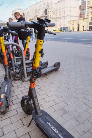 MOSCOW, RUSSIA - July, 2021 . Parking for bicycles and electric scooters for rent in the center of Moscow.のeditorial素材