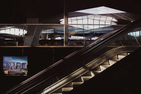 Vienna, Austria - July 28, 2018: Interior amazing Hauptbahnhof train station in sunny day, reflectionのeditorial素材