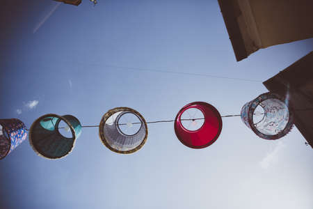 Decorated with lampshades street in the old town Szentendre, Hungaryの写真素材