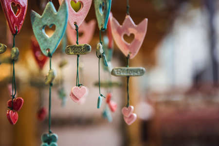 BUDAPEST, HUNGARY - NOVEMBER 08, 2019: Kiosk with ceramic products made in Hungary in the beautiful Christmas Market at Vorosmarty squareのeditorial素材