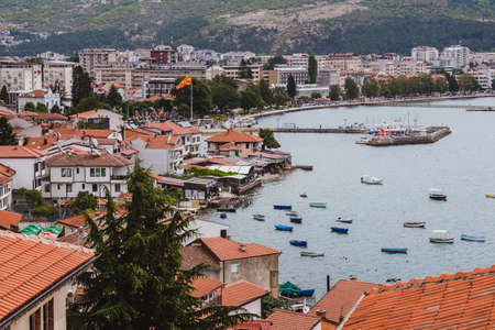 Ohrid, North Macedonia - August, 2021 : Panoramic view of old town of Ohrid with the harbor in backgroundのeditorial素材