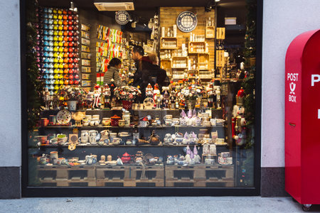BUDAPEST, HUNGARY - NOVEMBER 08, 2019: Souvenir shop with Christmas decorations in Budapestのeditorial素材