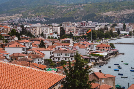 Ohrid, North Macedonia - August, 2021 : Panoramic view of old town of Ohrid with the harbor in backgroundのeditorial素材