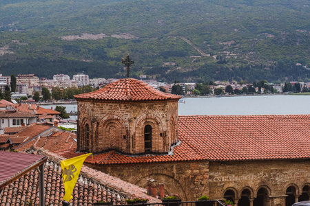 Panoramic view to Church of the Mother of God Peribleptos, old town, Ohrid, North Macedoniaのeditorial素材