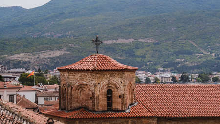 Ohrid, North Macedonia - August, 2021: Panoramic view to Church of the Mother of God Peribleptos, old town, Ohrid, North Macedoniaのeditorial素材