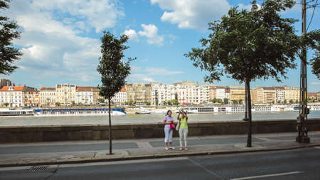 BUDAPEST, HUNGARY - JANUARY 2017: People walking on the promenade in Budapest, Hungary on January, 2017. Budapest is the capital and the largest city of Hungaryのeditorial素材