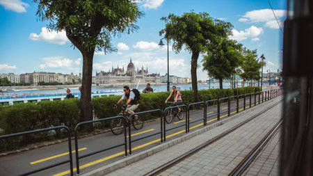 BUDAPEST, HUNGARY - JANUARY 2017: People walking on the promenade in Budapest, Hungary on January, 2017. Budapest is the capital and the largest city of Hungaryのeditorial素材