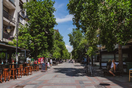 Skopje, Republic of North Macedonia - August 2021: Central area of Skopje walking street, Republic of North Macedoniaのeditorial素材