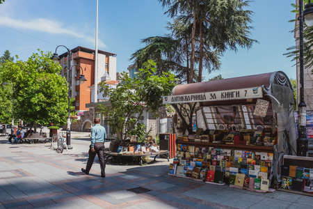 Skopje, Republic of North Macedonia - August 2021: Book shop on central area of Skopje walking street, Republic of North Macedoniaのeditorial素材