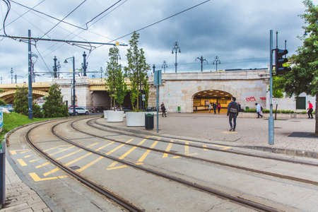 BUDAPEST, HUNGARY - MAY 30, 2019: Tram line near the Margit bridge in Budapestのeditorial素材
