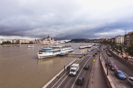 BUDAPEST, HUNGARY - MAY 30, 2019: Danube river embankment view from Margaret Bridge or Margit hid.のeditorial素材