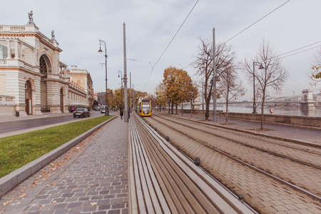 Budapest, Hungary - November, 2018: Tramlines in Budapest near the embankment on the Buda side near the Castle Garden Bazaar, Varkert Bazar in Budapestのeditorial素材