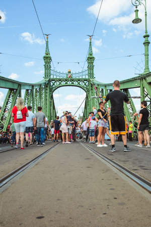 Budapest, Hungary - June 18, 2017: Unidentified people enjoying summer on Liberty Bridge, one of oldest bridge in Hungarian capital. The bridge closed for transport on weekends.のeditorial素材