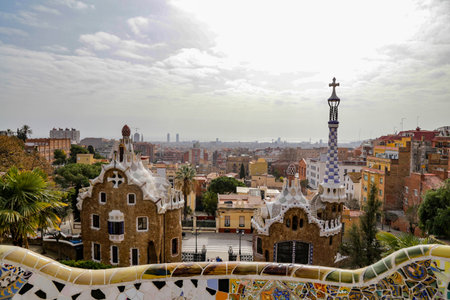 View of the city from Park Guell in Barcelona in a cloudy dayのeditorial素材