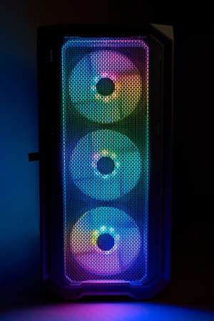 Desktop gaming PC coolers with RGB LED light. Game PC coolers with colorful neon light. PC fans with RGB backlightの写真素材