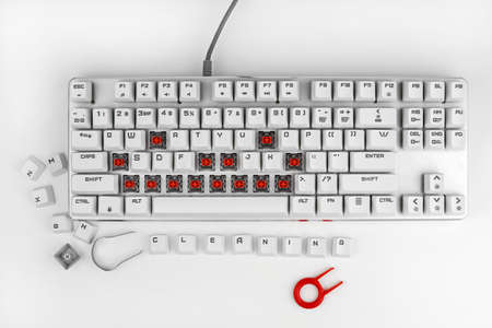 Disassembled mechanical keyboard, top view. Dusty keyboard with crumbs. The concept of cleaning...
