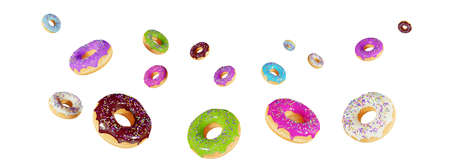 Falling glazed donuts with sprinkles, isolated on a white background. Banner design for a candy store. A set of different donuts, 3d illustrationの写真素材