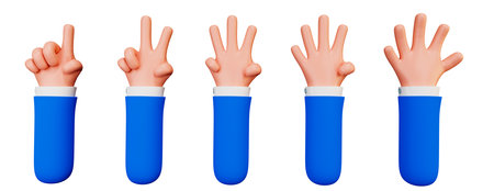 Set of cartoon hands counting from one to five, 3d illustration isolated on a white background....